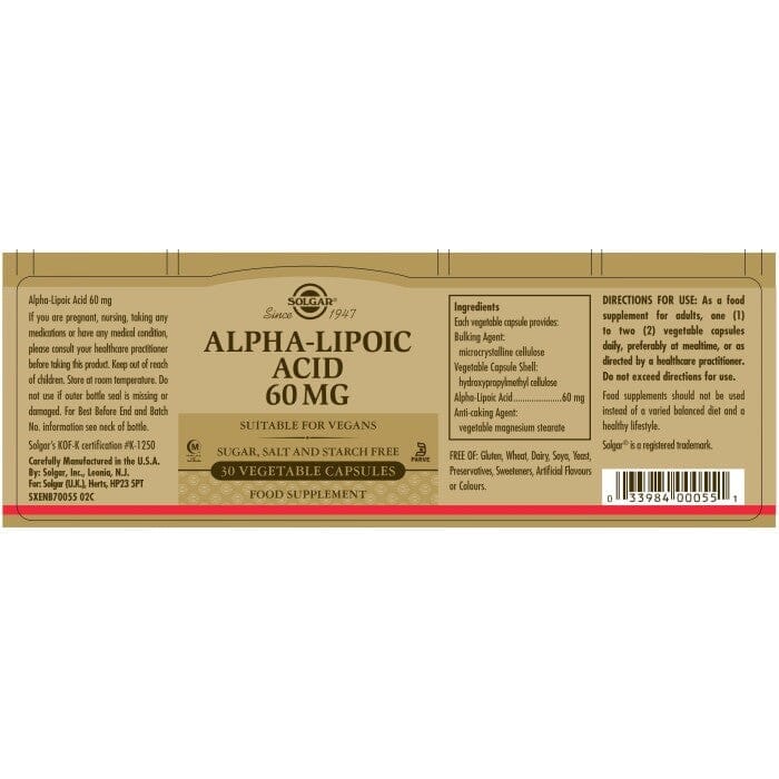 Solgar® Alpha-Lipoic Acid 60 mg Vegetable Capsules - Pack of 30 Solgar 