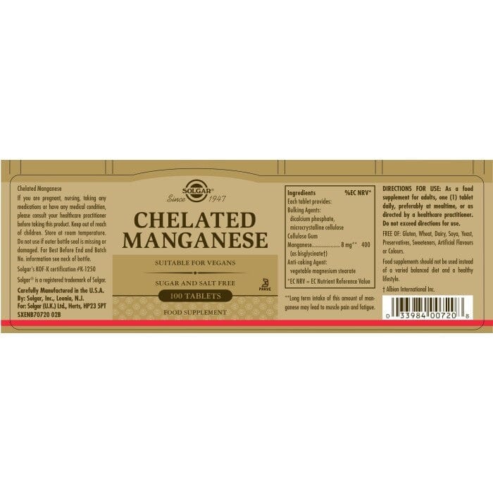 Solgar® Chelated Manganese Tablets - Pack of 100 Solgar 