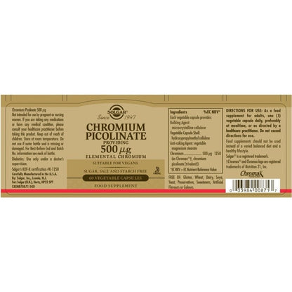 Solgar® Chromium Picolinate 500 µg Vegetable Capsules - Pack of 60 Solgar 