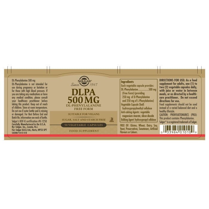 Solgar® DLPA 500 mg (DL-Phenylalanine) Vegetable Capsules - Pack of 50 Solgar 