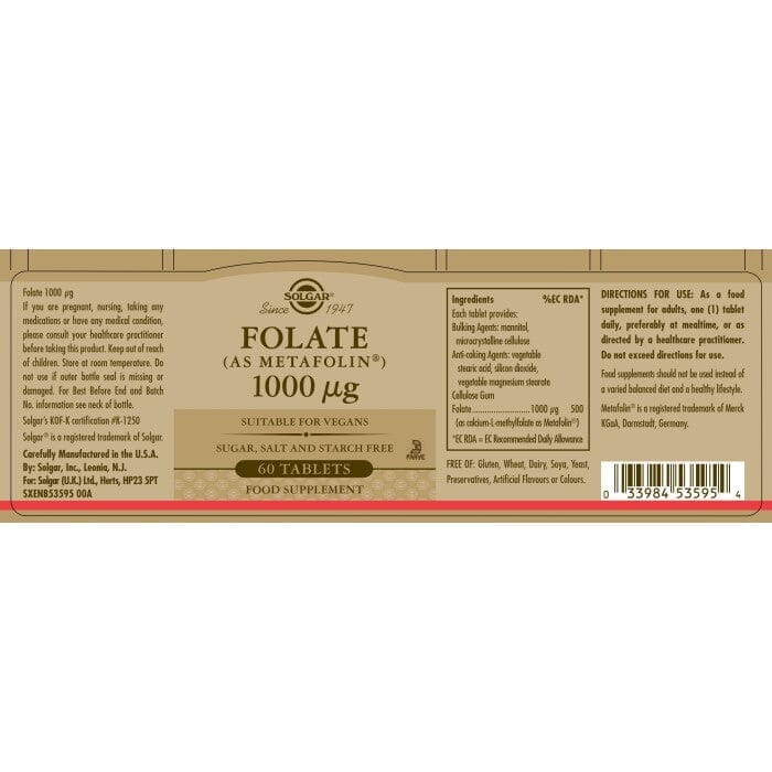 Solgar® Folate (as Metafolin) 1000 µg Tablets - Pack of 60 Solgar 