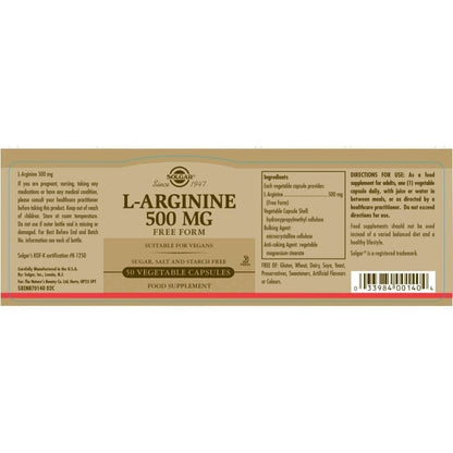 Solgar® L-Arginine 500 mg Vegetable Capsules - Pack of 50 Solgar 