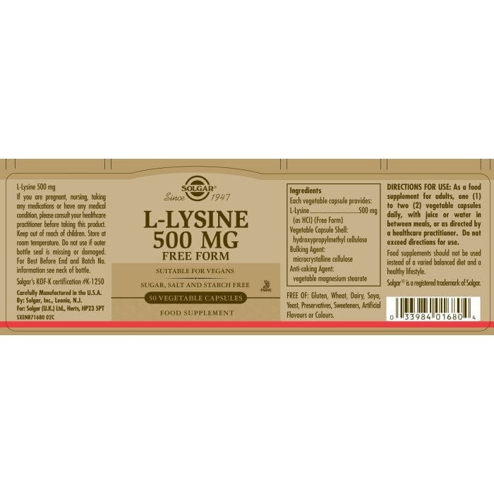 Solgar® L-Lysine 500 mg Vegetable Capsules - Pack of 50 Solgar 