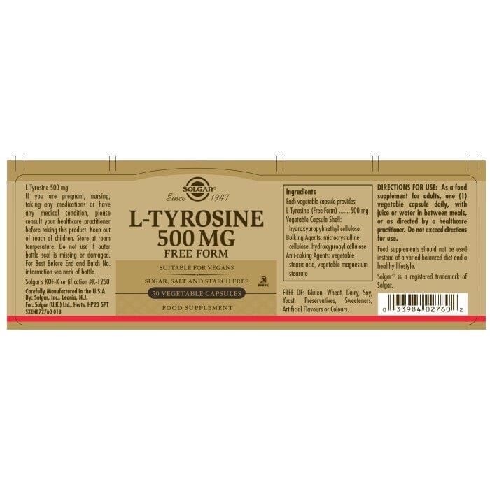 Solgar® L-Tyrosine 500 mg Vegetable Capsules - Pack of 50 Solgar 