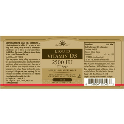 Solgar® Liquid Vitamin D3 2500 IU (62.5 µg) - Natural Orange Flavour - 59ml Solgar 