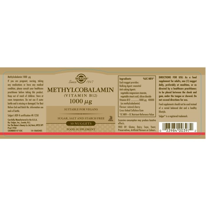 Solgar® Methylcobalamin (Vitamin B12) 1000 µg Nuggets - Pack of 30 Solgar 