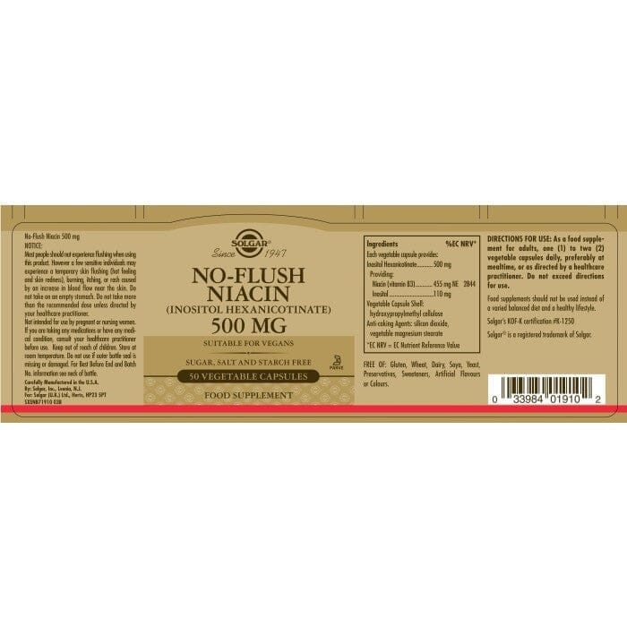 Solgar® No Flush Niacin 500 mg Vegetable Capsules - Pack of 50 Solgar 