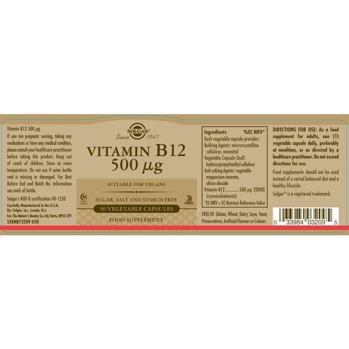 Solgar® Vitamin B12 500 µg Vegetable Capsules - Pack of 50 Solgar 