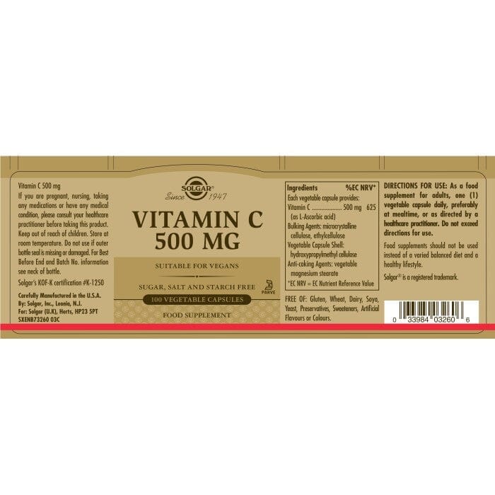 Solgar® Vitamin C 500 mg Vegetable Capsules - Pack of 100 Solgar 