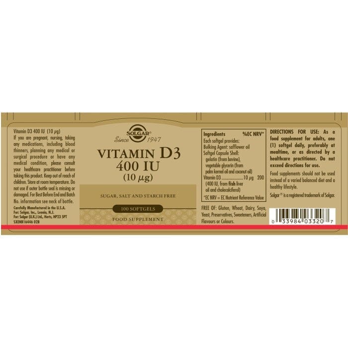 Solgar® Vitamin D3 400 IU (10 μg) Softgels - Pack of 100 Solgar 