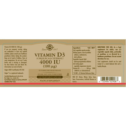 Solgar® Vitamin D3 (Cholecalciferol) 4000 IU (100 µg) Vegetable Capsules - Pack of 120 Solgar 