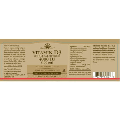 Solgar® Vitamin D3 (Cholecalciferol) 4000 IU (100 µg) Vegetable Capsules - Pack of 60 Solgar 