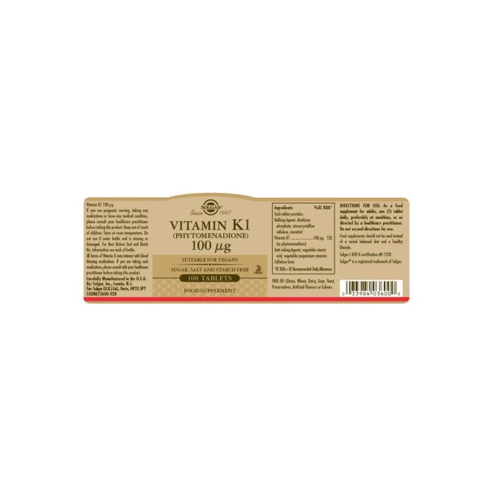 Solgar® Vitamin K1 (Phytomenadione) 100 µg Tablets - Pack of 100 Solgar 